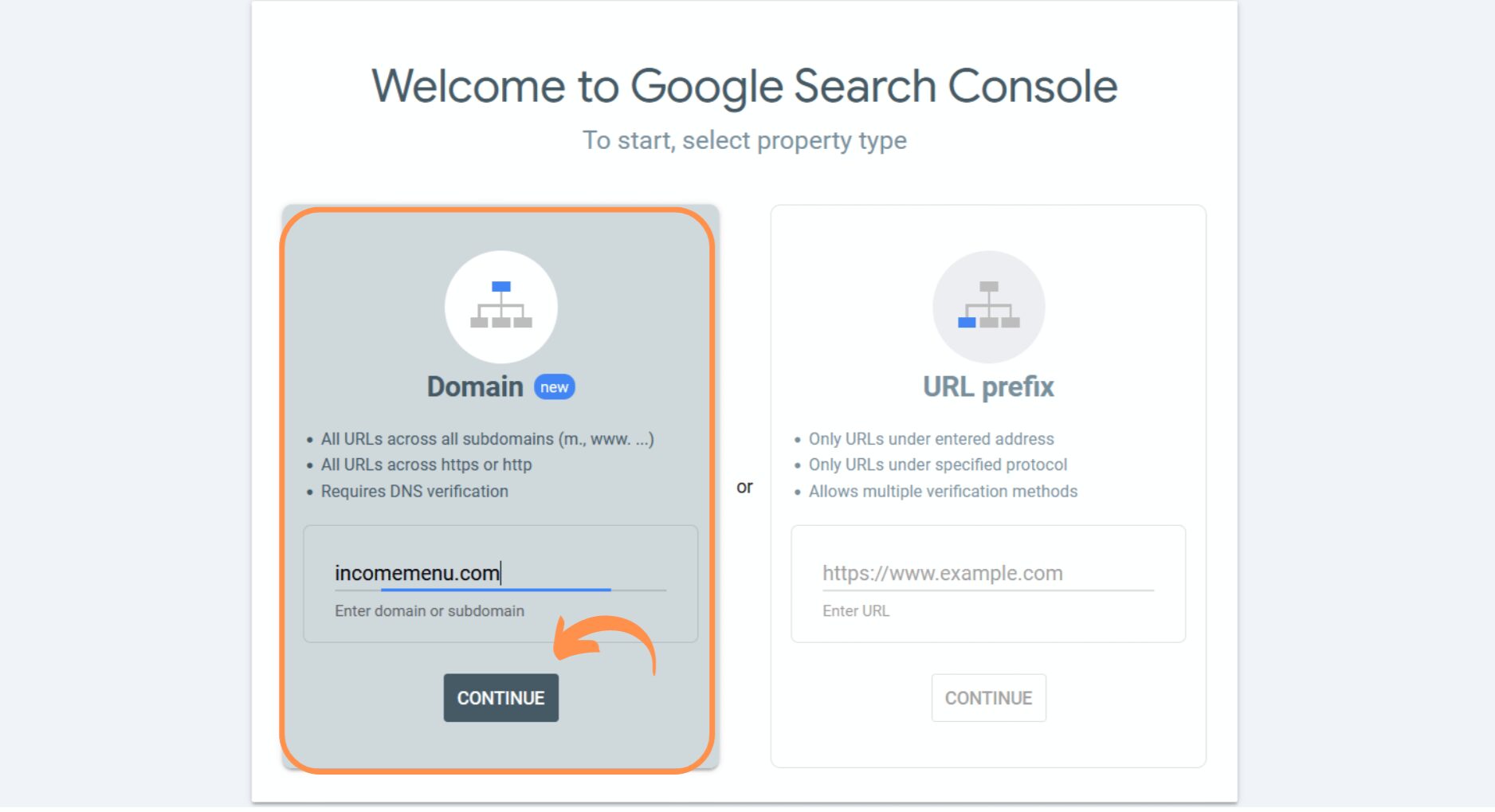 google search console enter the domain url